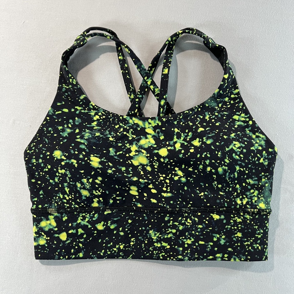 Lululemon Energy‎ Long Line Sports Bra Size 4 Black Green Yellow Splatter Print